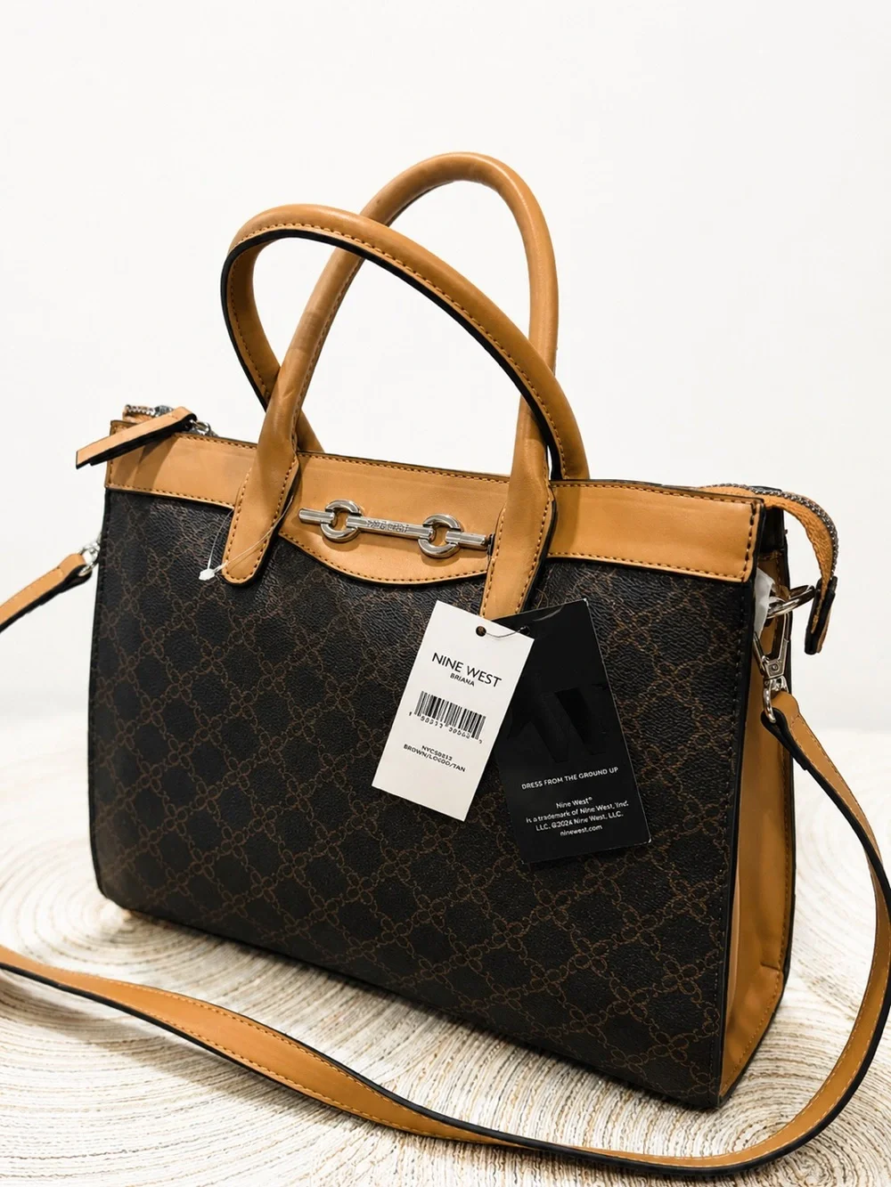 Nine West Brown Monogram Satchel with Tan Trim and Silver Hardware
